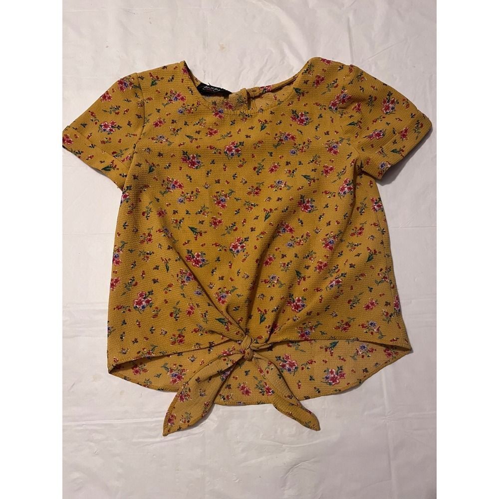 By & By Girl Kids Yellow Floral Tie Front Short Sleeve Top Size S 7 8